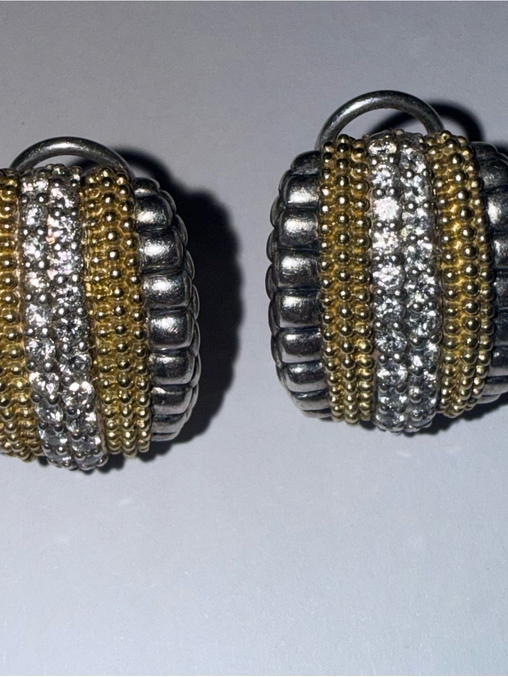 LAGOS Two-Tone Beaded Dome Earrings with 18k gold and diamonds. One inch.